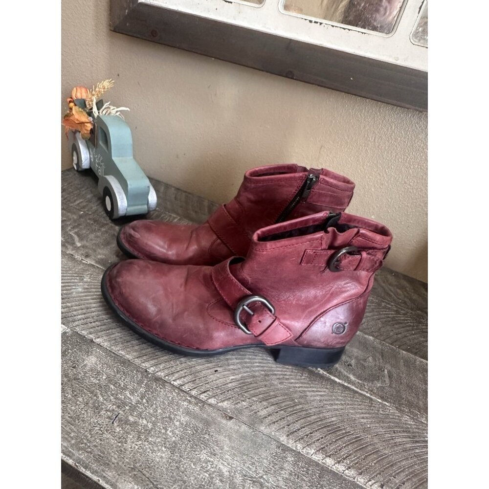 Born Burgundy Leather Buckle Ankle Boots